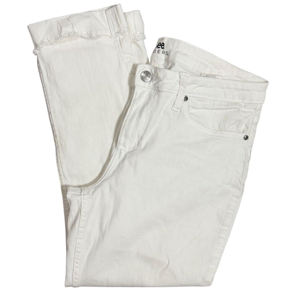 RIDERS BY LEE Mid Rise White Stretch CAPRI Skimmer Sz 12 M Raw Hem Cuffed Jeans